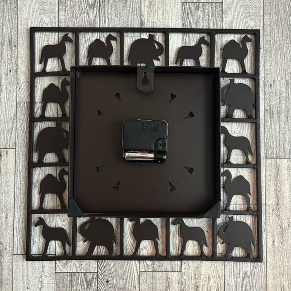 Square Black Metal Wall Clock Laser Cut Camels & Elephants Battery Operated - Picture 2 of 5